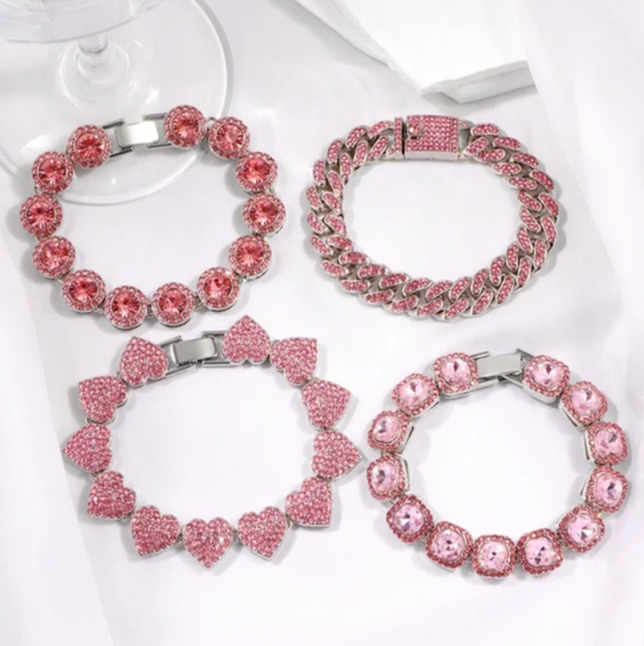 Pink Pave Crystal Silver Iced Links Bracelet Rhinestone Round CZ Circle Links - Picture 6 of 8